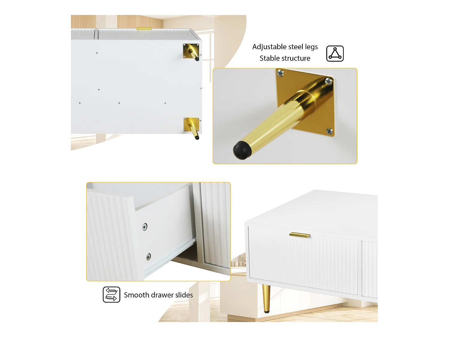 Table basse moderne avec 2 tiroirs, MDF, blanche avec accents dorés (100x50x40cm)