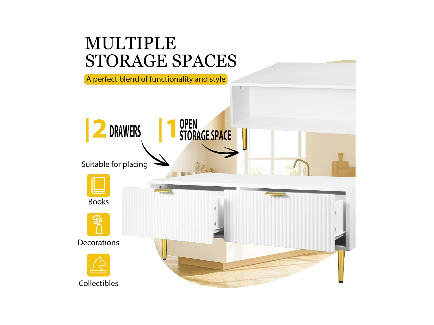 Table basse moderne avec 2 tiroirs, MDF, blanche avec accents dorés (100x50x40cm)