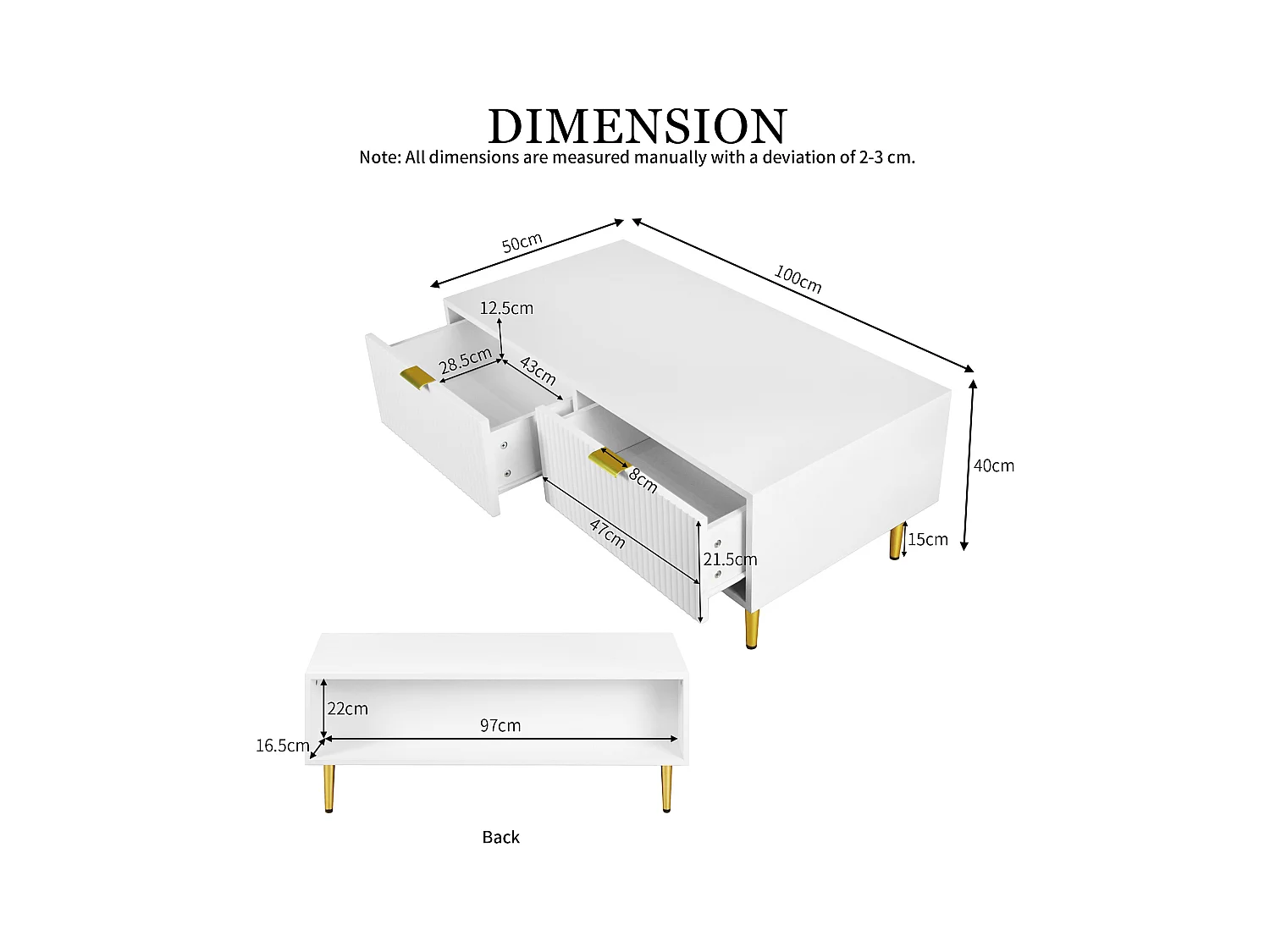 Table basse moderne avec 2 tiroirs, MDF, blanche avec accents dorés (100x50x40cm)