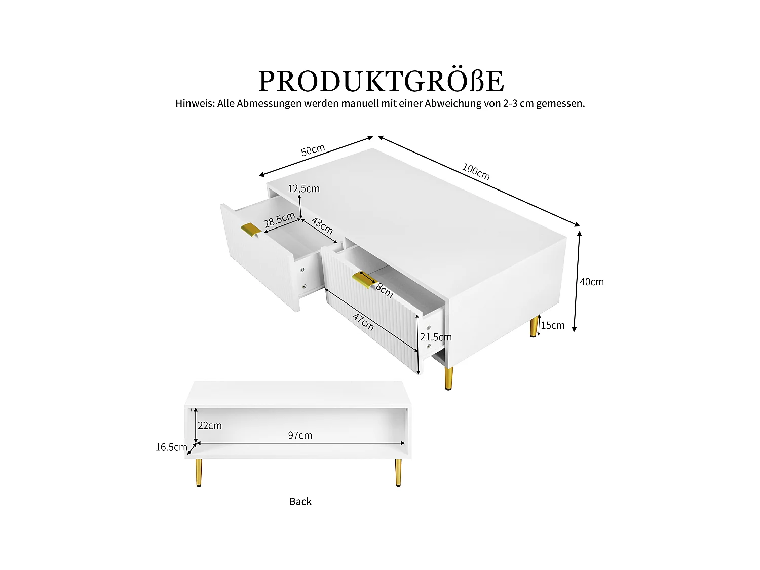 Table basse moderne avec 2 tiroirs, MDF, blanche avec accents dorés (100x50x40cm)
