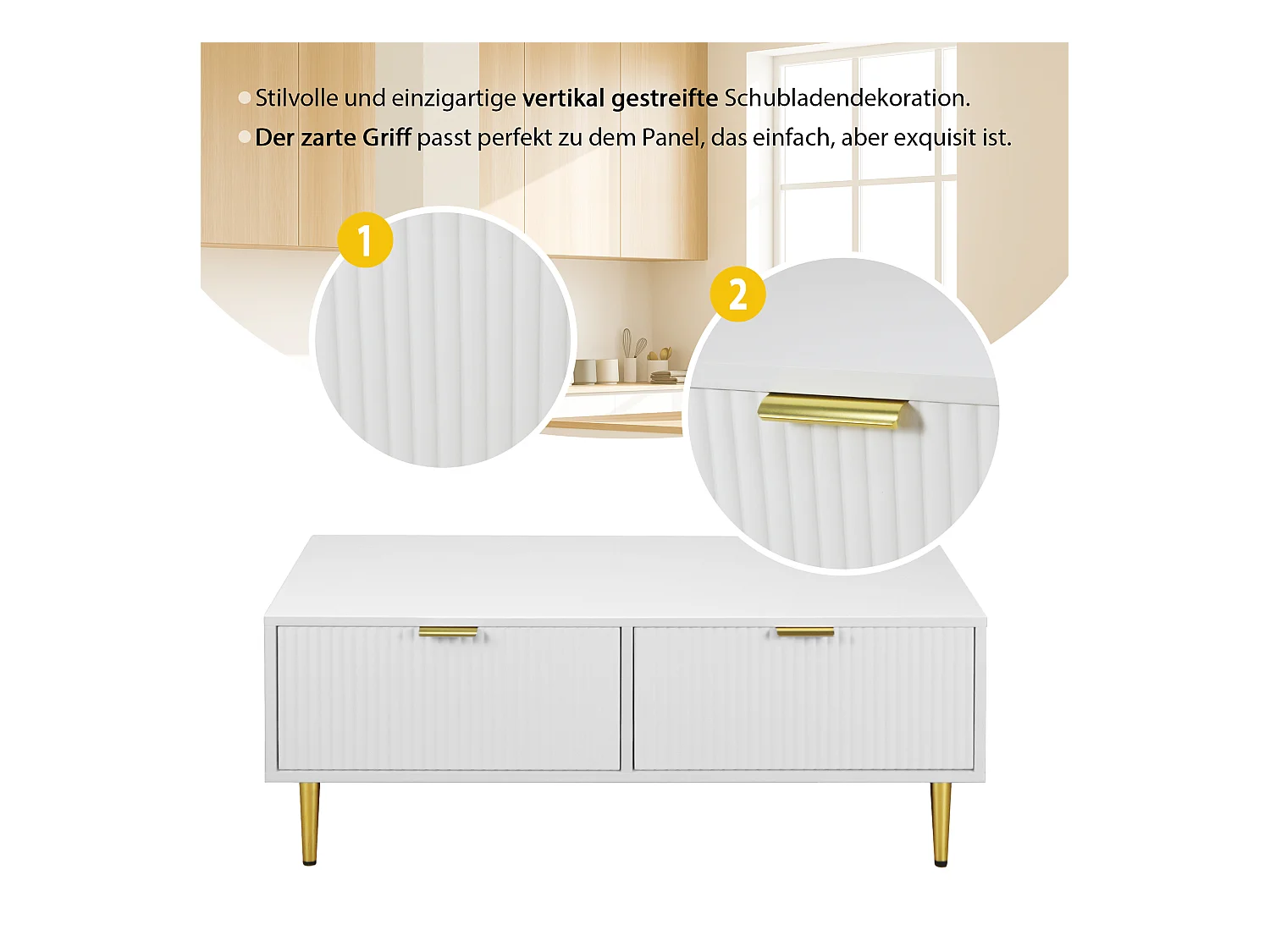 Table basse moderne avec 2 tiroirs, MDF, blanche avec accents dorés (100x50x40cm)