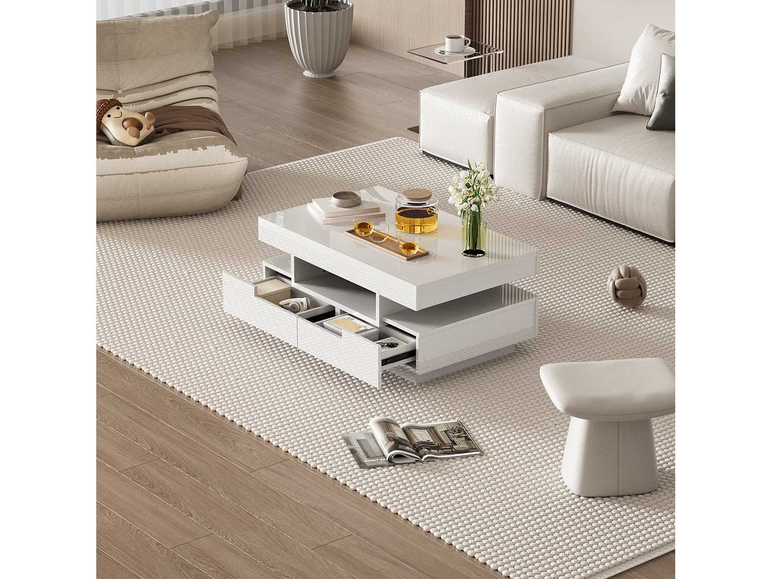 Hoogglans salontafel met ledverlichting, vier lades en veel opbergruimte (80x50x36 cm)