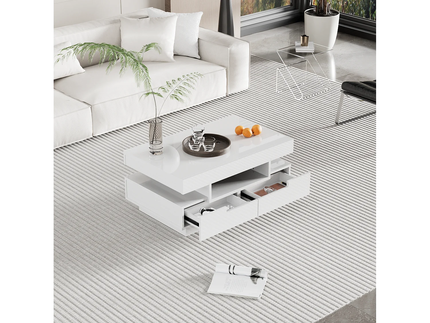 Hoogglans salontafel met ledverlichting, vier lades en veel opbergruimte (80x50x36 cm)