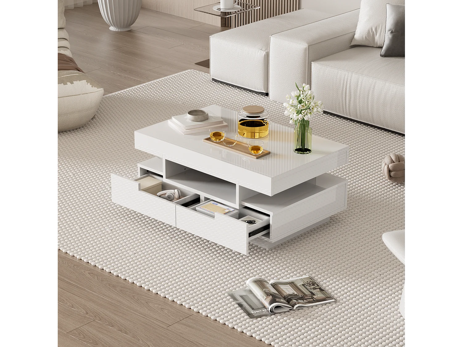 Hoogglans salontafel met ledverlichting, vier lades en veel opbergruimte (80x50x36 cm)