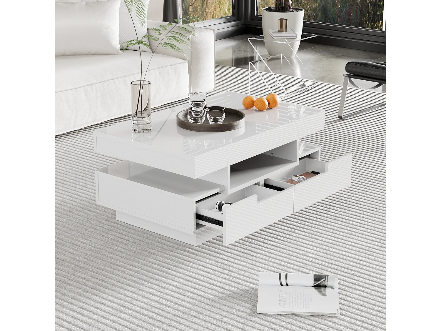 Hoogglans salontafel met ledverlichting, vier lades en veel opbergruimte (80x50x36 cm)