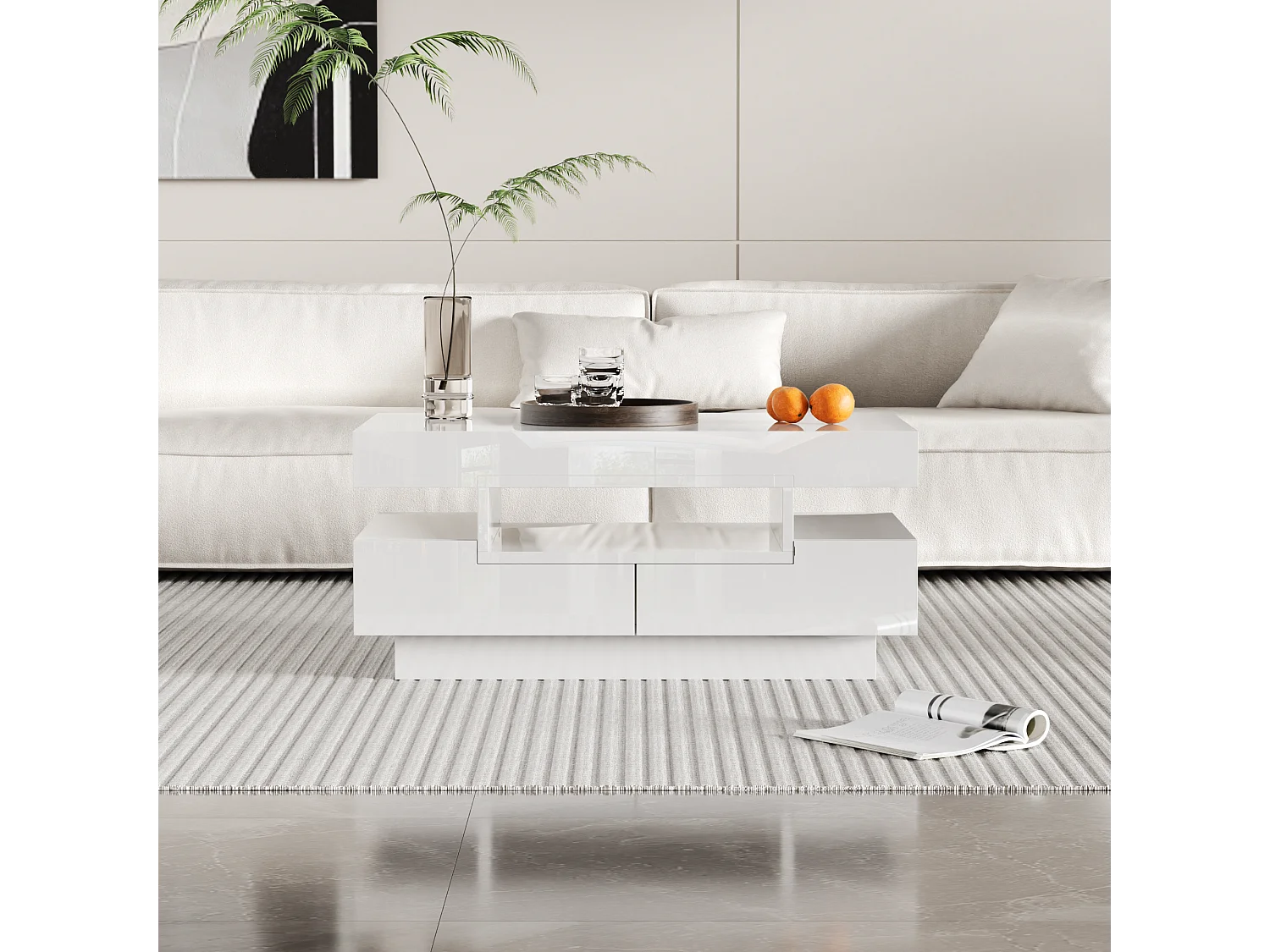 Hoogglans salontafel met ledverlichting, vier lades en veel opbergruimte (80x50x36 cm)