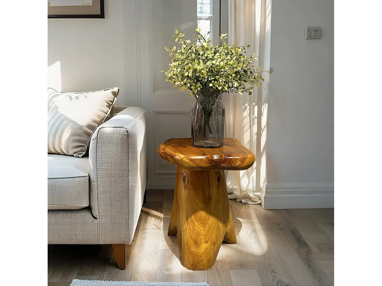 Table basse en racines de pin massif, multifonction, banc, porte-plantes, design irrégulier, bois naturel (L30 x l35 x H37 cm)