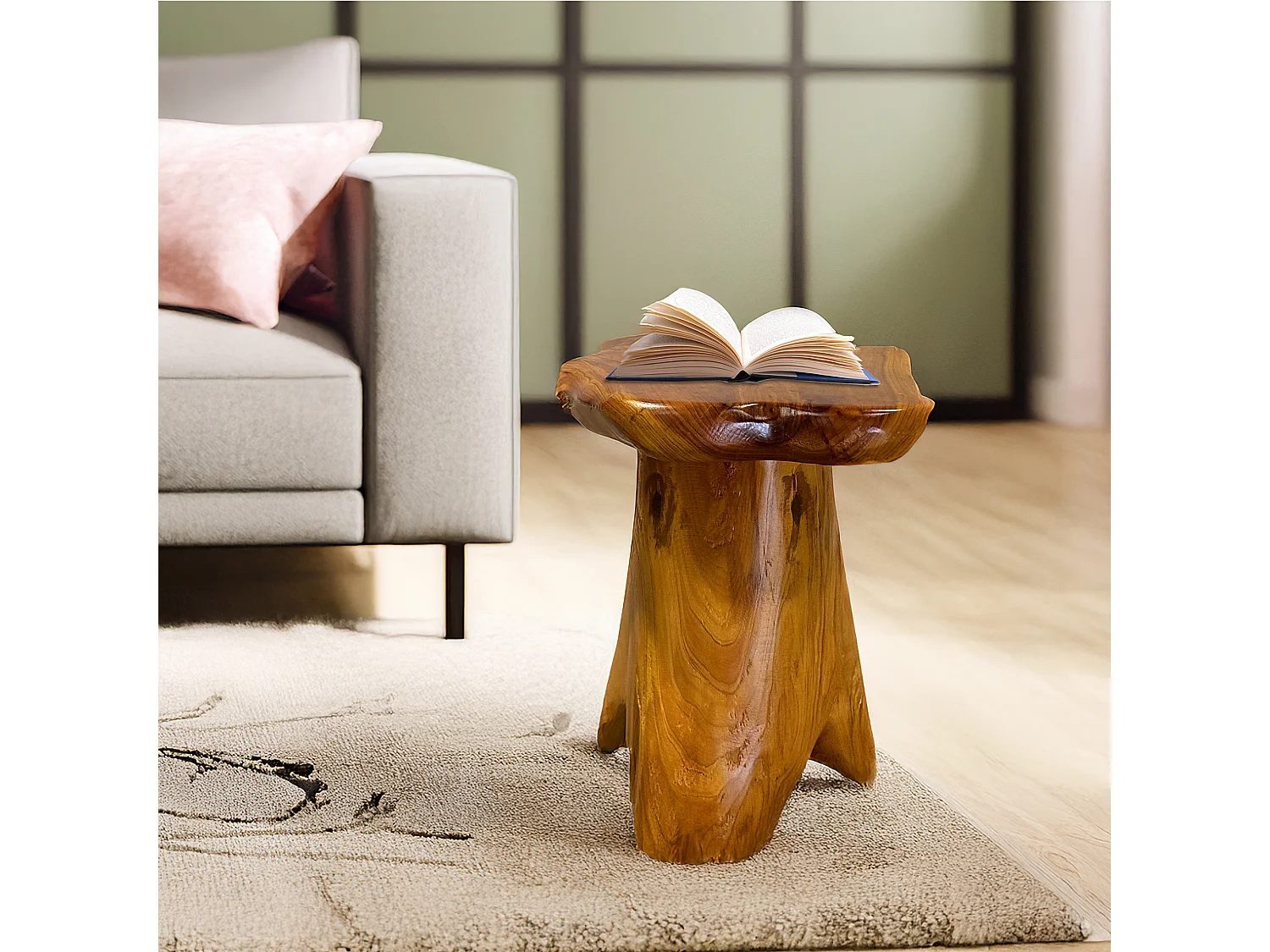 Table basse en racines de pin massif, multifonction, banc, porte-plantes, design irrégulier, bois naturel (L30 x l35 x H37 cm)