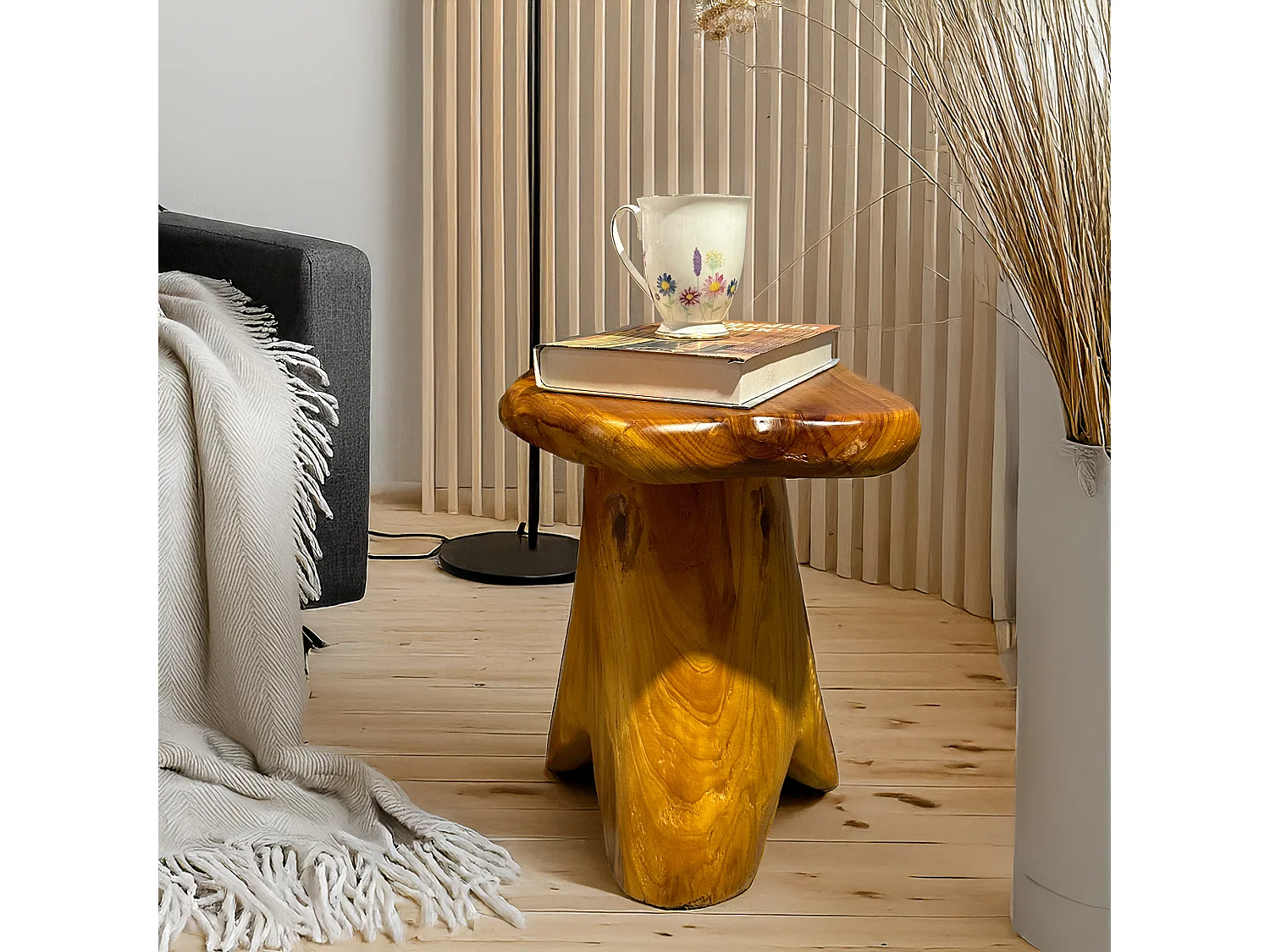 Table basse en racines de pin massif, multifonction, banc, porte-plantes, design irrégulier, bois naturel (L30 x l35 x H37 cm)