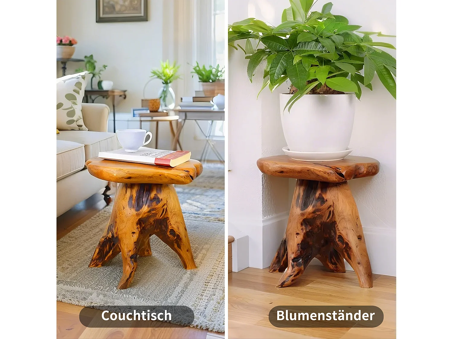 Table basse en racines de pin massif, multifonction, banc, porte-plantes, design irrégulier, bois naturel (L30 x l35 x H37 cm)