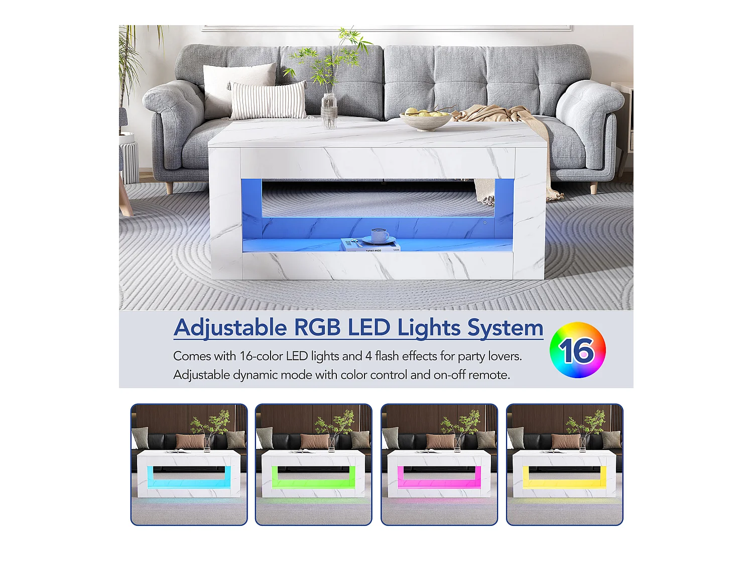 Tavolino moderno a LED, laccato, in truciolare, bianco (100x50x50cm)