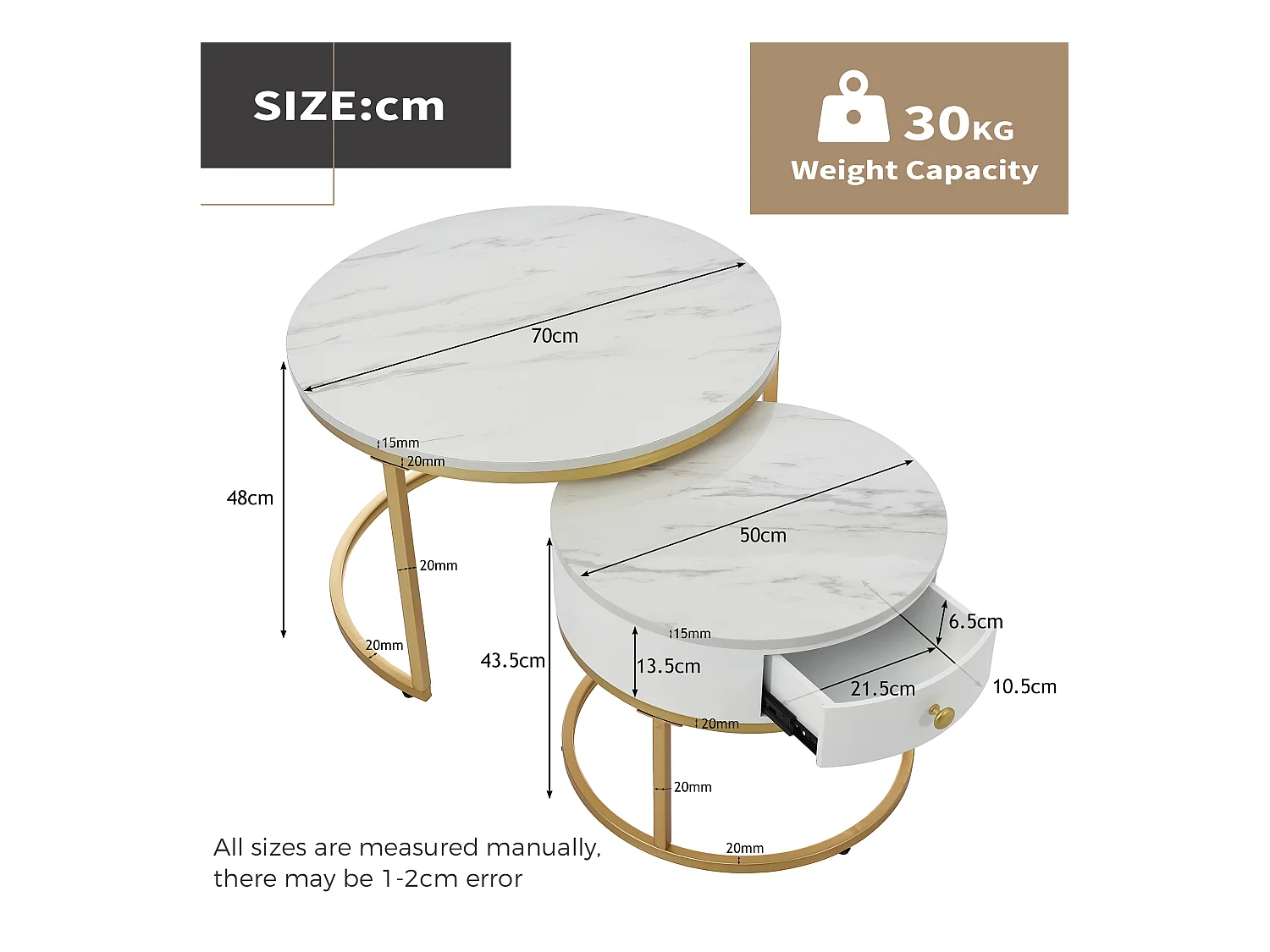 Table basse gigogne moderne, plateau marbré brillant, MDF, blanc (70x70x48cm et 50x50x43.5cm)