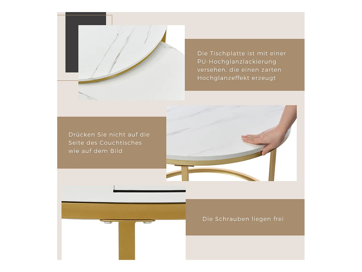 Table basse gigogne moderne, plateau marbré brillant, MDF, blanc (70x70x48cm et 50x50x43.5cm)