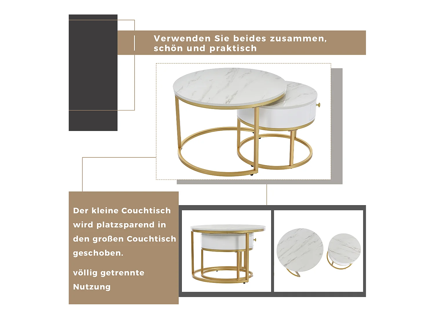 Table basse gigogne moderne, plateau marbré brillant, MDF, blanc (70x70x48cm et 50x50x43.5cm)