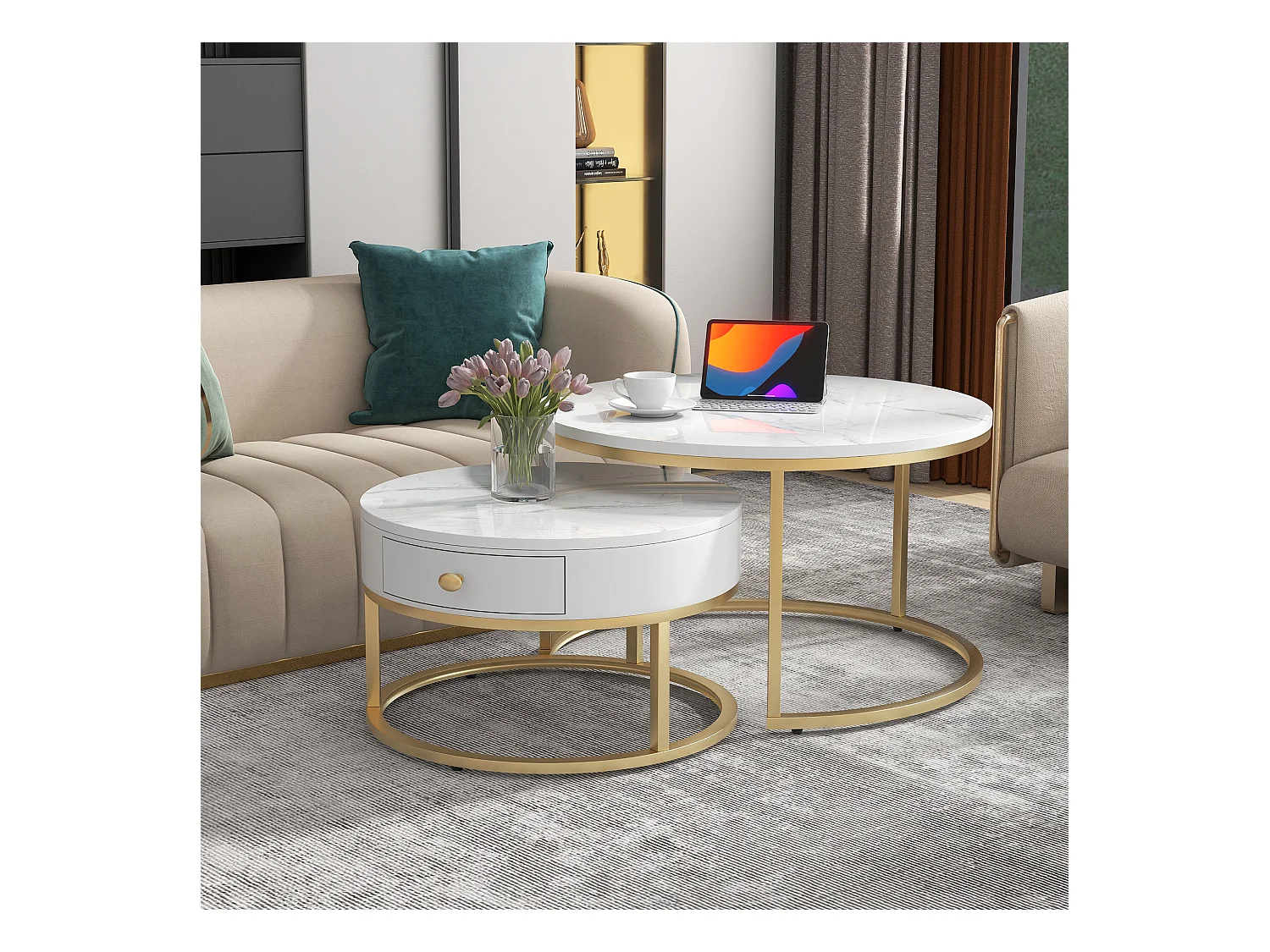 Table basse gigogne moderne, plateau marbré brillant, MDF, blanc (70x70x48cm et 50x50x43.5cm)
