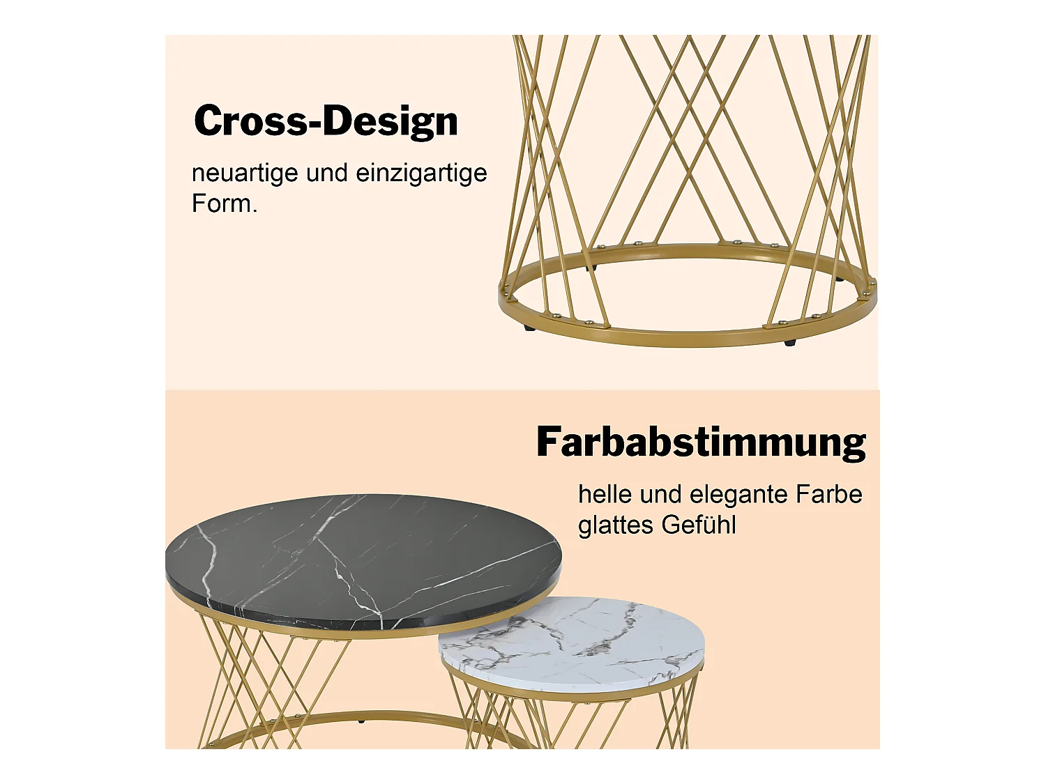 Table basse nesting ronde moderne, plateau marbré brillant, MDF, cadre doré, blanc et noir (70x70x45cm)