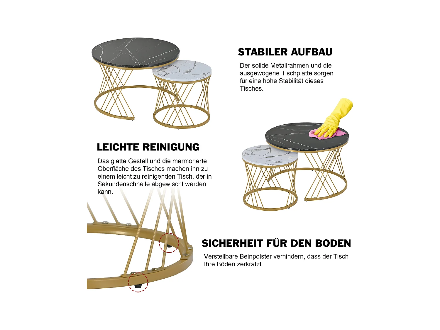 Table basse nesting ronde moderne, plateau marbré brillant, MDF, cadre doré, blanc et noir (70x70x45cm)