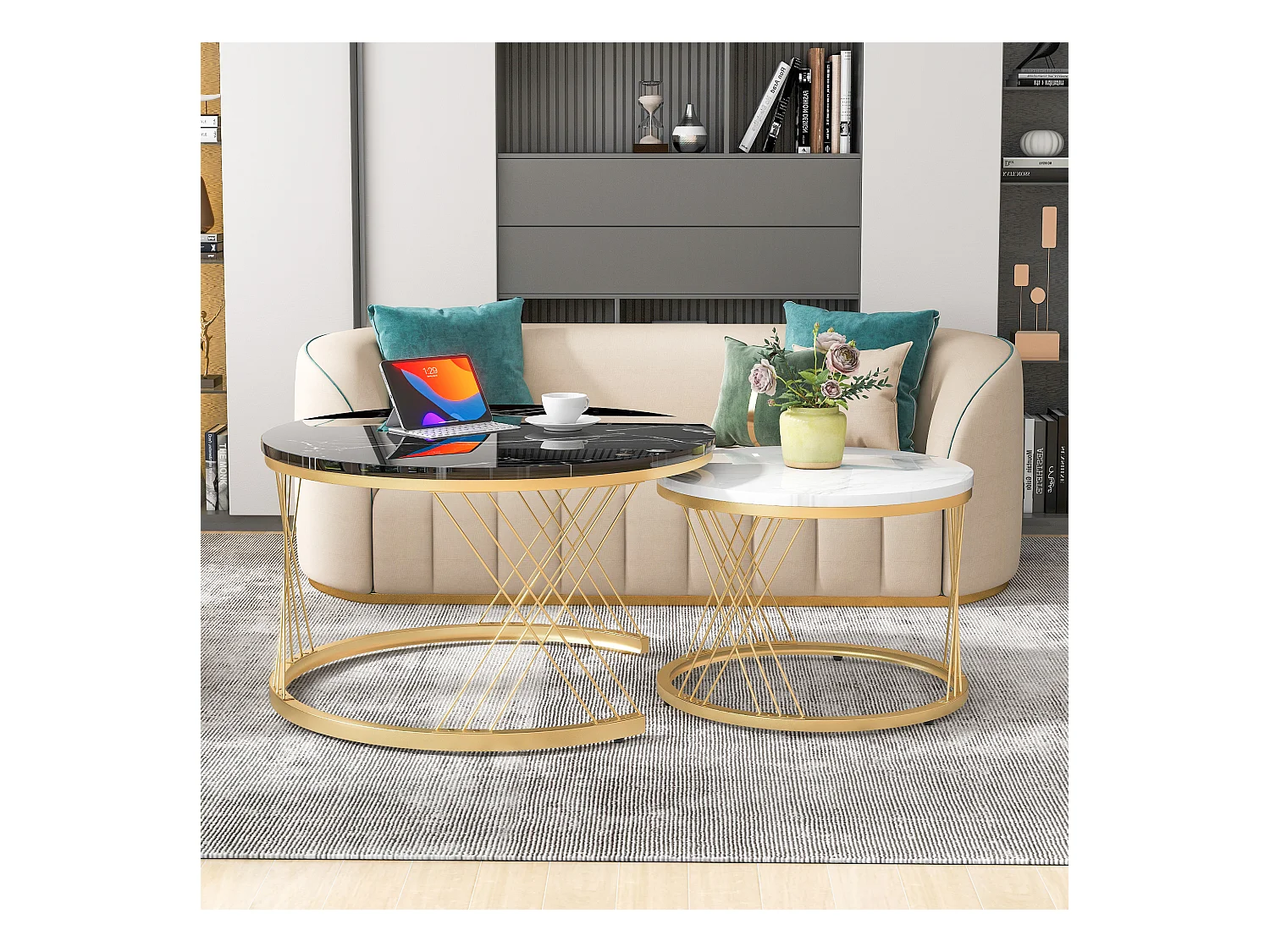 Table basse nesting ronde moderne, plateau marbré brillant, MDF, cadre doré, blanc et noir (70x70x45cm)