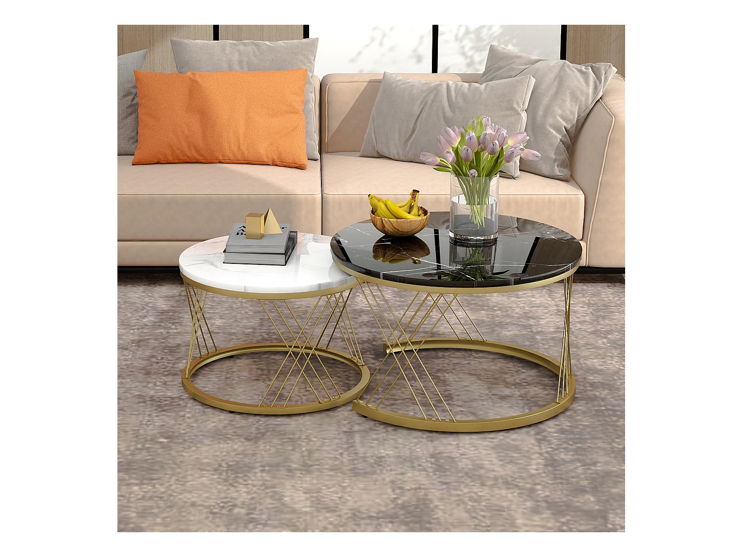 Table basse nesting ronde moderne, plateau marbré brillant, MDF, cadre doré, blanc et noir (70x70x45cm)