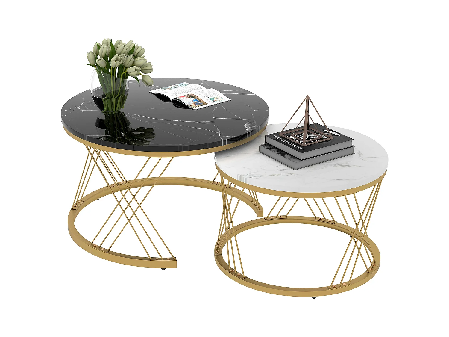 Table basse nesting ronde moderne, plateau marbré brillant, MDF, cadre doré, blanc et noir (70x70x45cm)