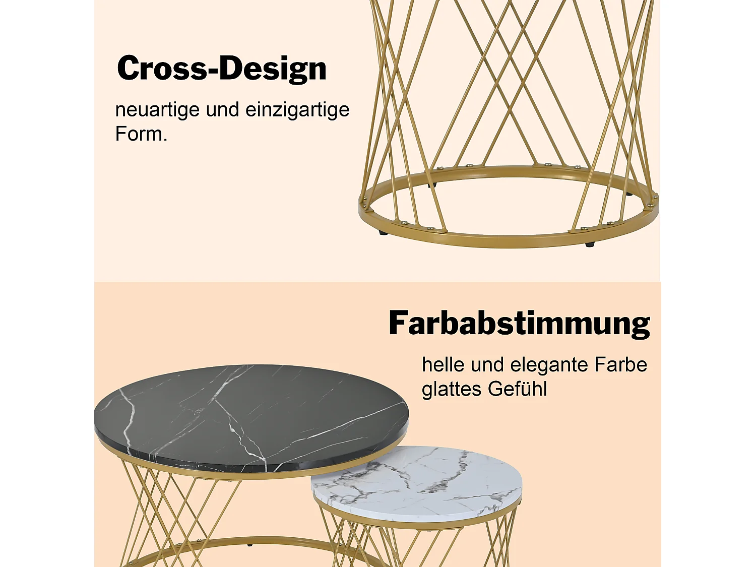 Table basse nesting ronde moderne, plateau marbré brillant, MDF, cadre doré, blanc et noir (70x70x45cm)