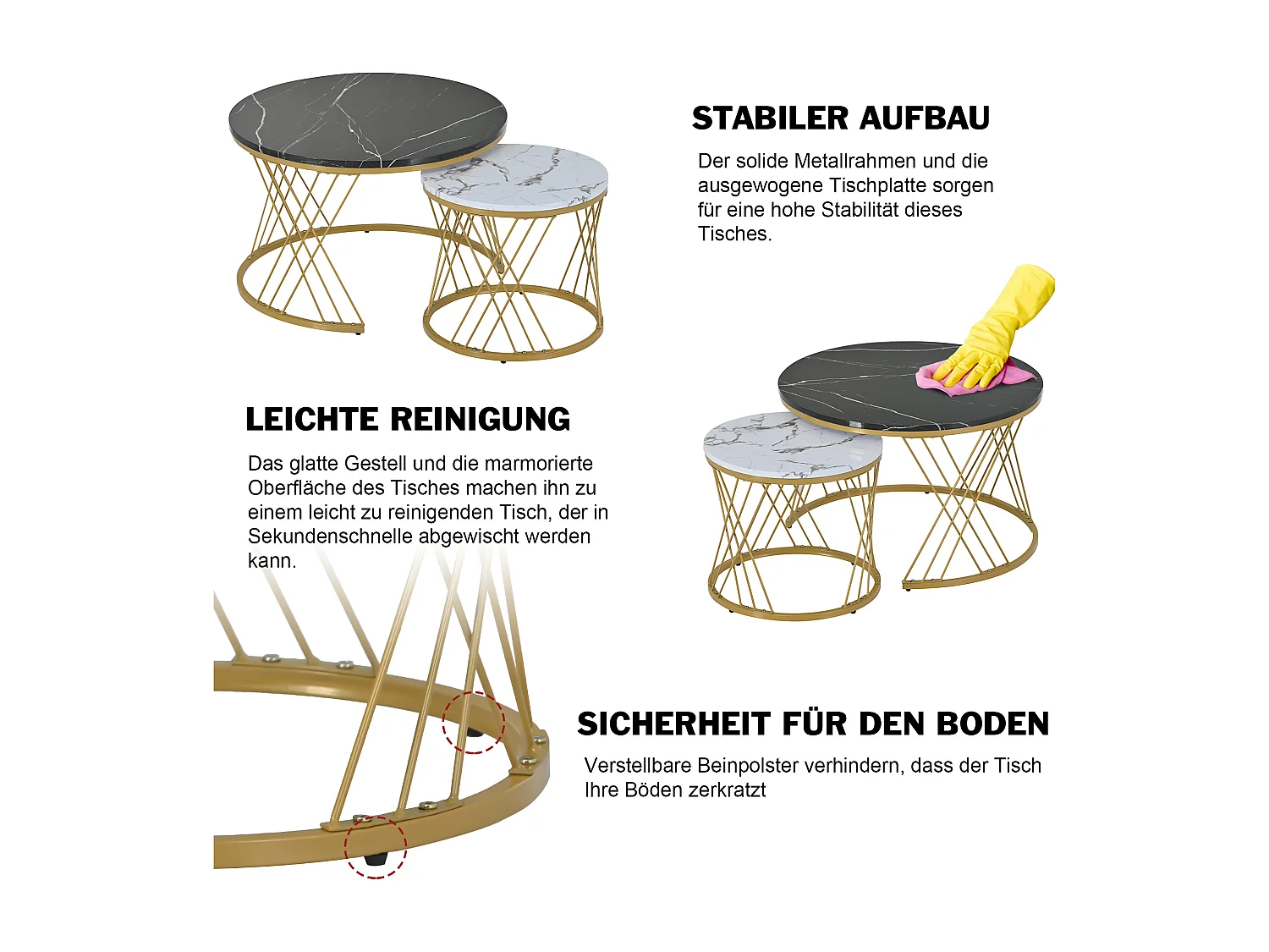 Table basse nesting ronde moderne, plateau marbré brillant, MDF, cadre doré, blanc et noir (70x70x45cm)