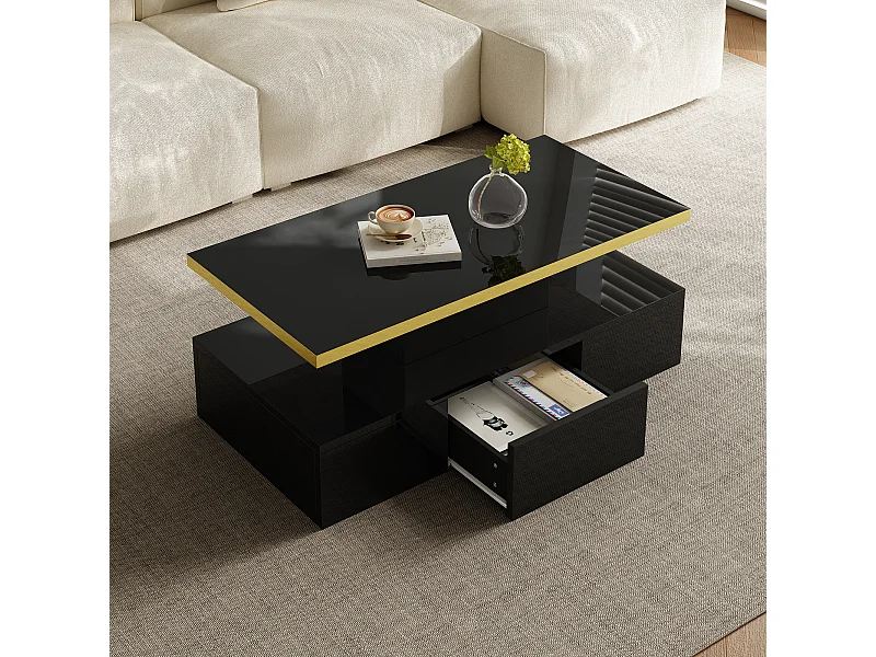Table basse avec LED, table basse avec rangement et deux niveaux, design haut de gamme, MDF, noir brillant (100x50x39 cm)