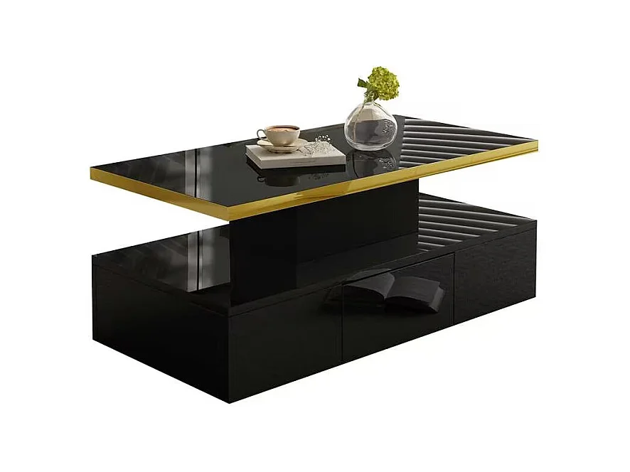 Table basse avec LED, table basse avec rangement et deux niveaux, design haut de gamme, MDF, noir brillant (100x50x39 cm)