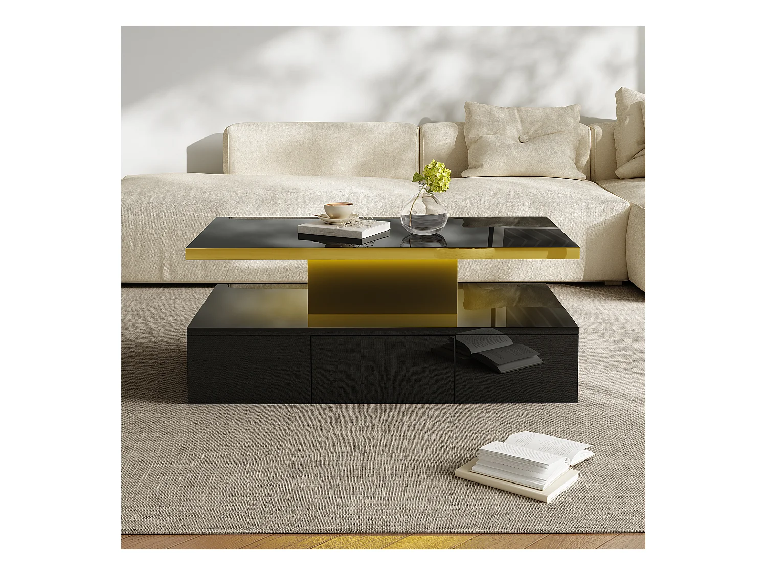 Table basse avec LED, table basse avec rangement et deux niveaux, design haut de gamme, MDF, noir brillant (100x50x39 cm)