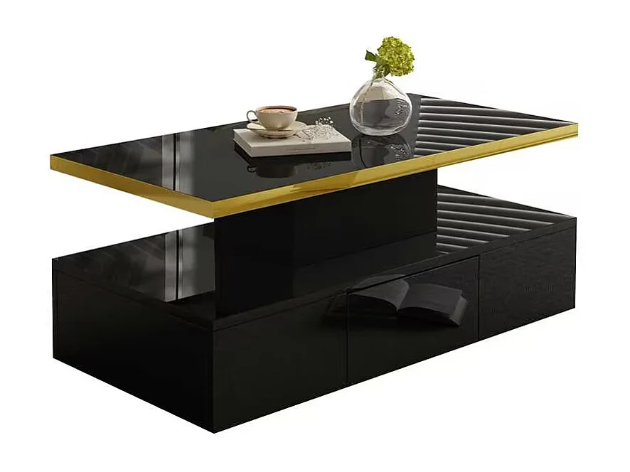Table basse avec LED, table basse avec rangement et deux niveaux, design haut de gamme, MDF, noir brillant (100x50x39 cm)