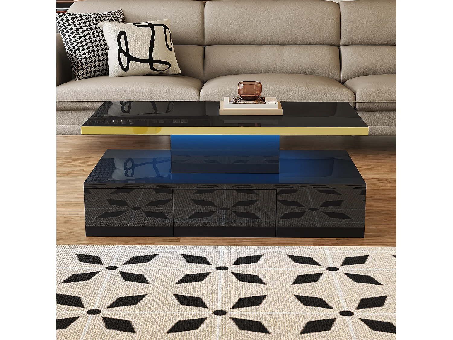 Table basse avec LED, table basse avec rangement et deux niveaux, design haut de gamme, MDF, noir brillant (100x50x39 cm)