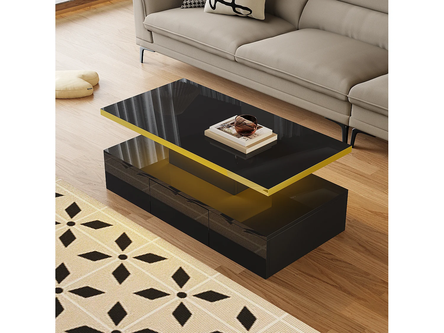 Table basse avec LED, table basse avec rangement et deux niveaux, design haut de gamme, MDF, noir brillant (100x50x39 cm)