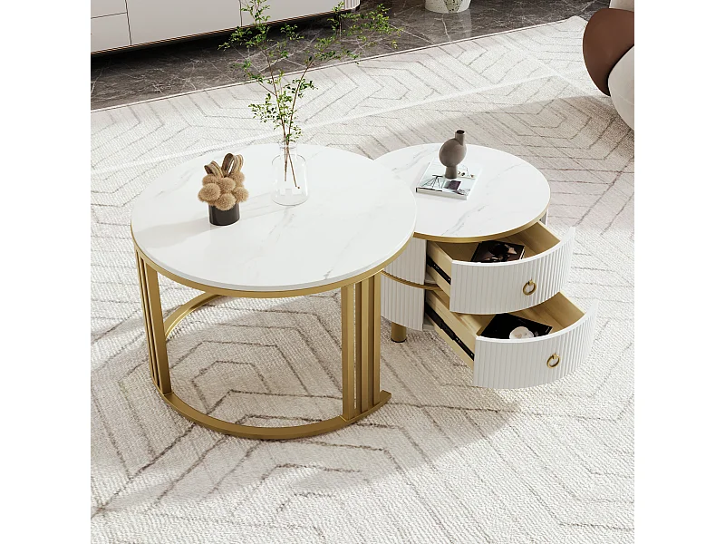 Table basse ronde 2-en-1, design colorblock noir et blanc, avec plateau effet marbre et 2 tiroirs, MDF, (70x70x46 + 50x50x40 cm)
