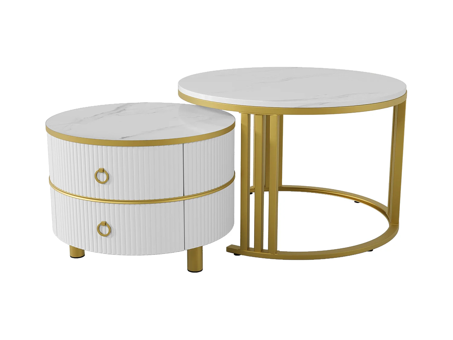 Table basse ronde 2-en-1, design colorblock noir et blanc, avec plateau effet marbre et 2 tiroirs, MDF, (70x70x46 + 50x50x40 cm)