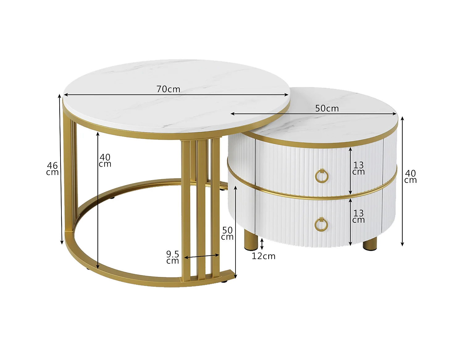 Table basse ronde 2-en-1, design colorblock noir et blanc, avec plateau effet marbre et 2 tiroirs, MDF, (70x70x46 + 50x50x40 cm)