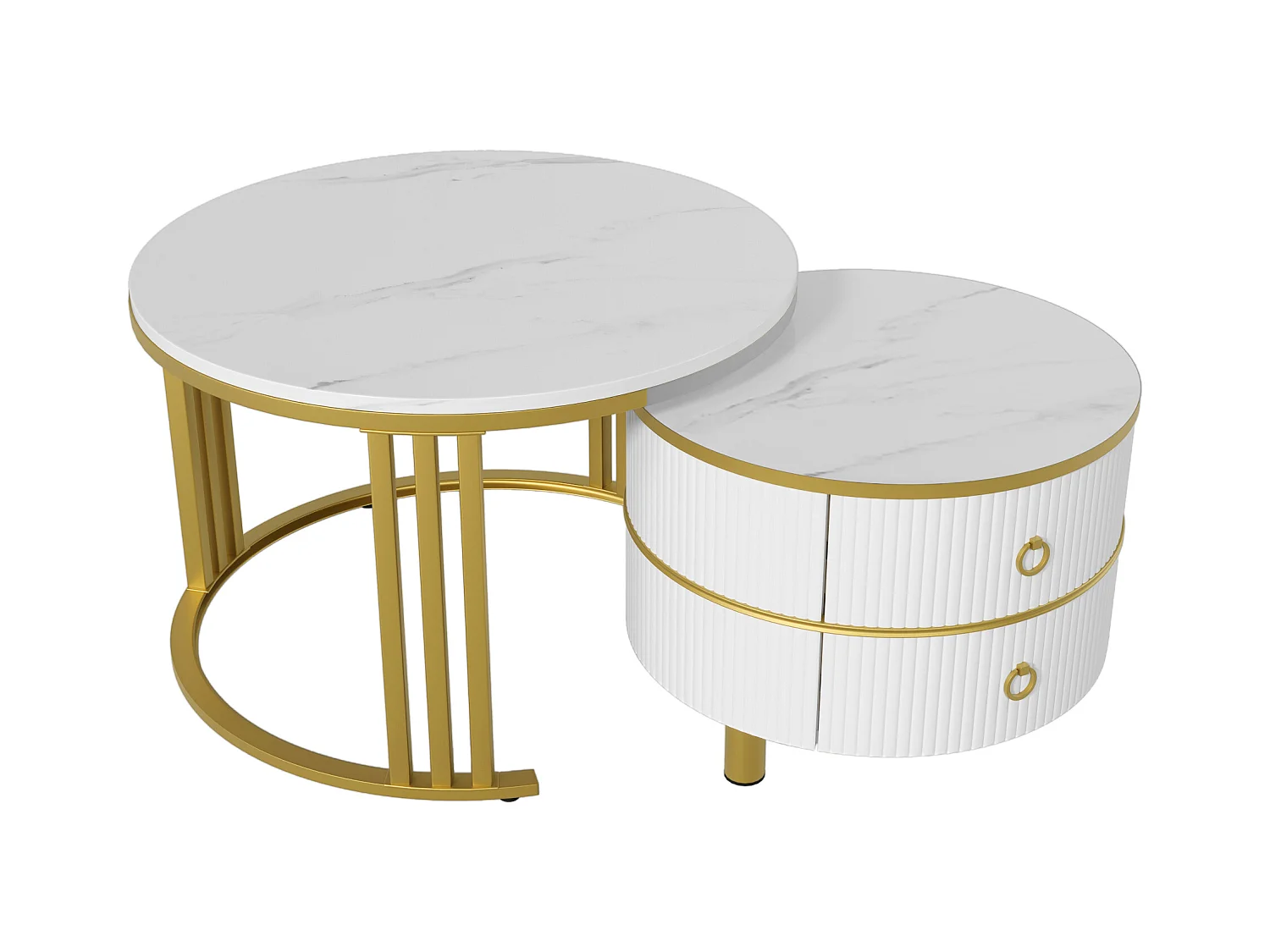 Table basse ronde 2-en-1, design colorblock noir et blanc, avec plateau effet marbre et 2 tiroirs, MDF, (70x70x46 + 50x50x40 cm)