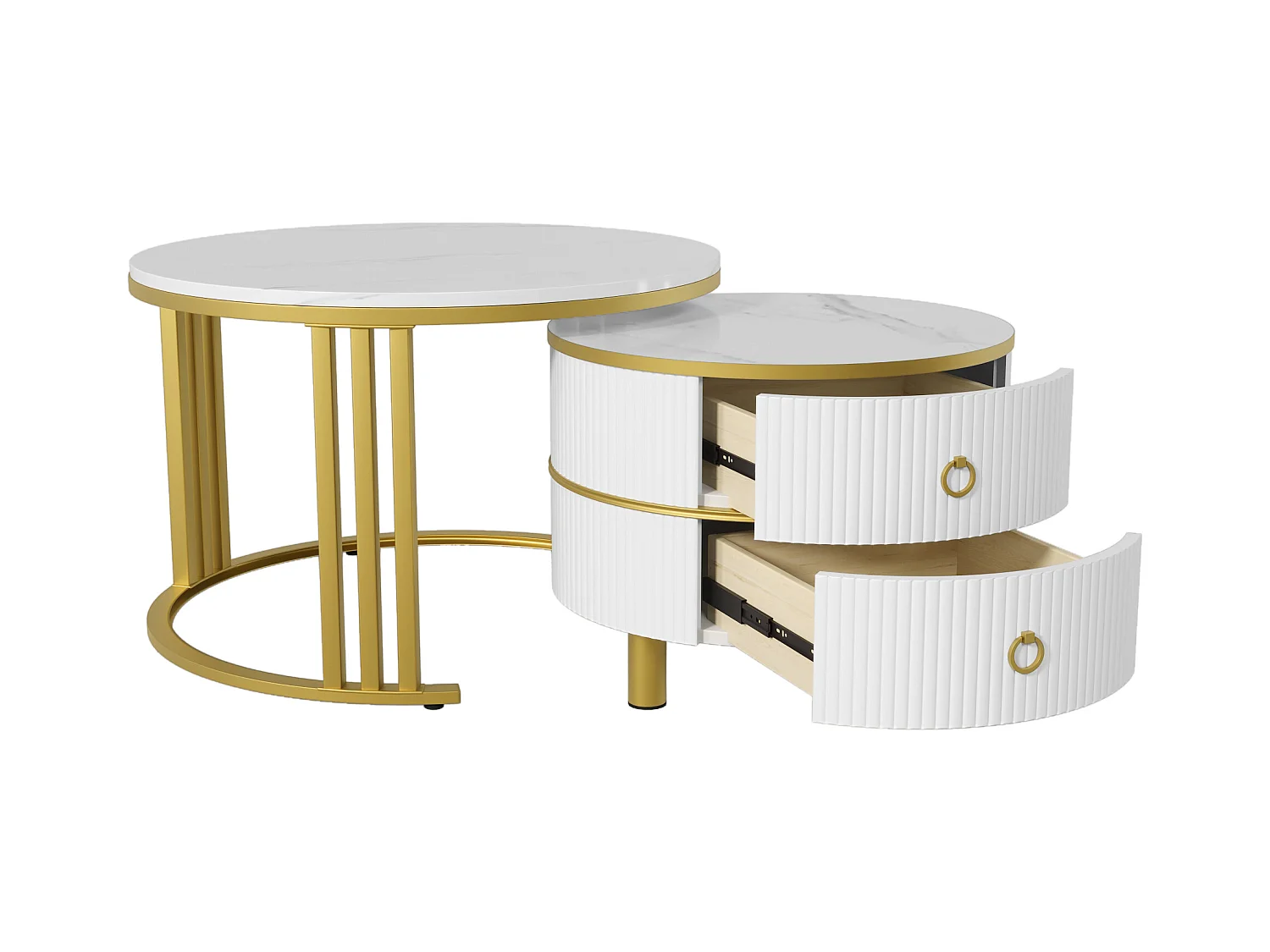 Table basse ronde 2-en-1, design colorblock noir et blanc, avec plateau effet marbre et 2 tiroirs, MDF, (70x70x46 + 50x50x40 cm)