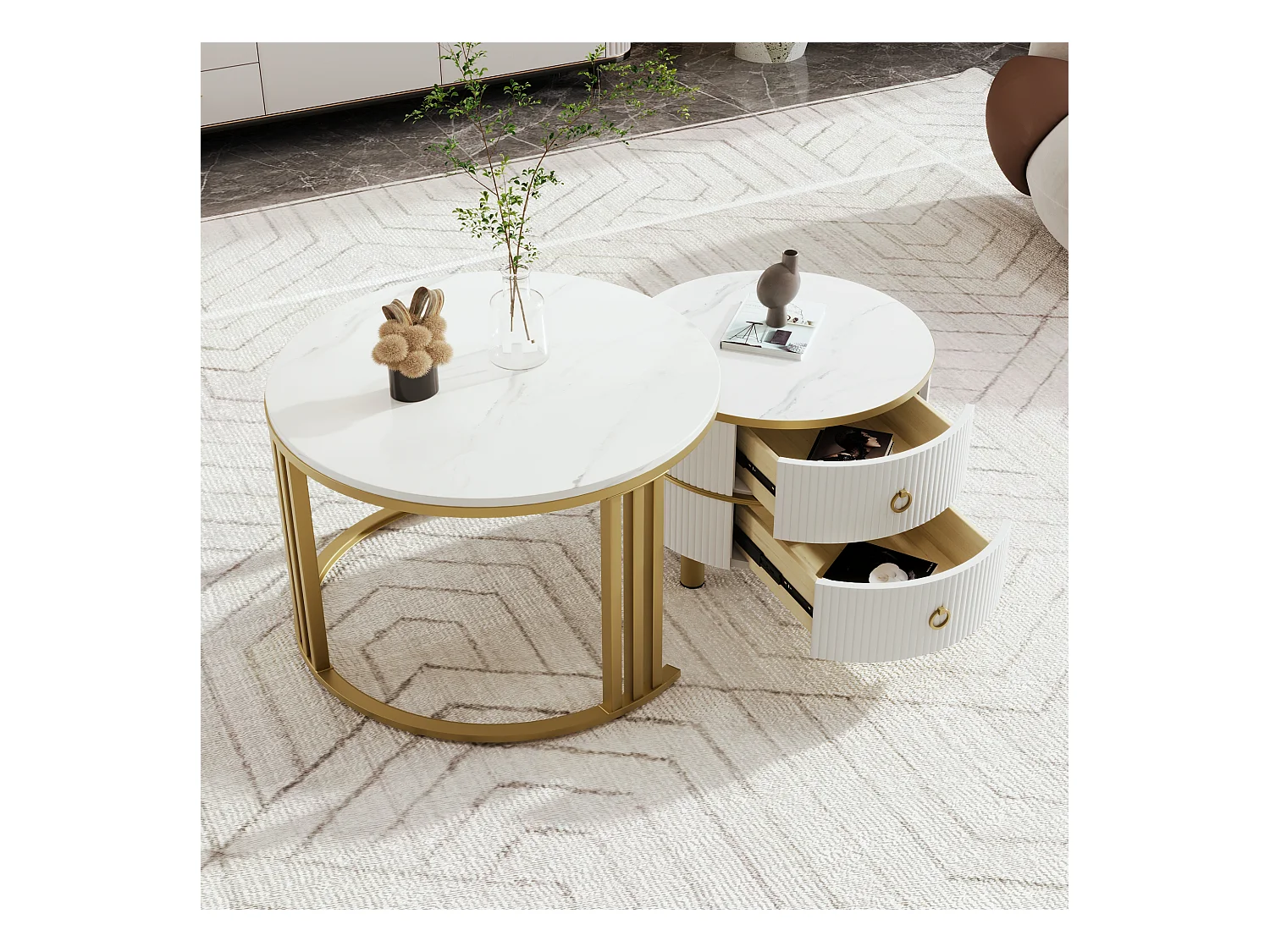 Tavolino rotondo 2 in 1, design colorblock bianco e nero, con piano effetto marmo e 2 cassetti, MDF, (70x70x46 + 50x50x40 cm)