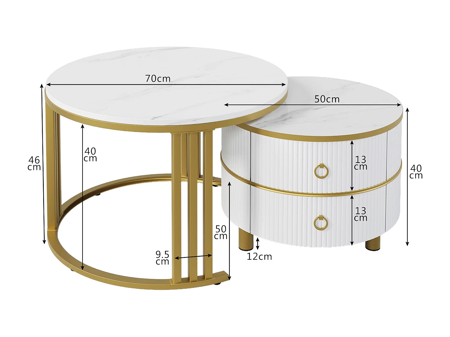 Ronde salontafel 2-in-1, zwart-wit colorblock design, met marmerlook blad en 2 lades, MDF, (70x70x46 + 50x50x40 cm)