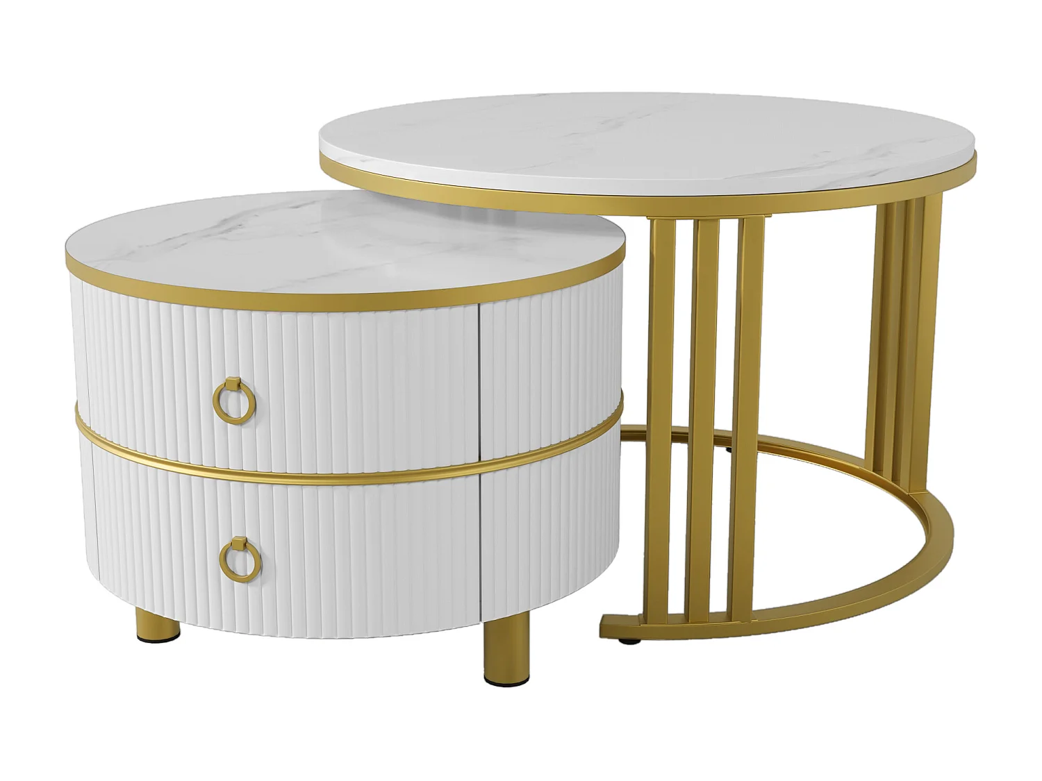 Ronde salontafel 2-in-1, zwart-wit colorblock design, met marmerlook blad en 2 lades, MDF, (70x70x46 + 50x50x40 cm)