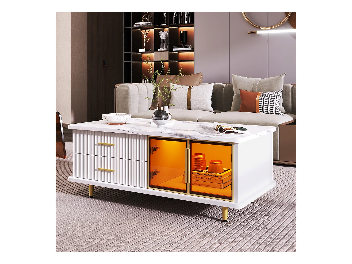 Tavolino con cassetti, struttura in vetro temperato, cassetti con texture ondulata, gambe e maniglie dorate, piano effetto marmo (100x50x40 cm)