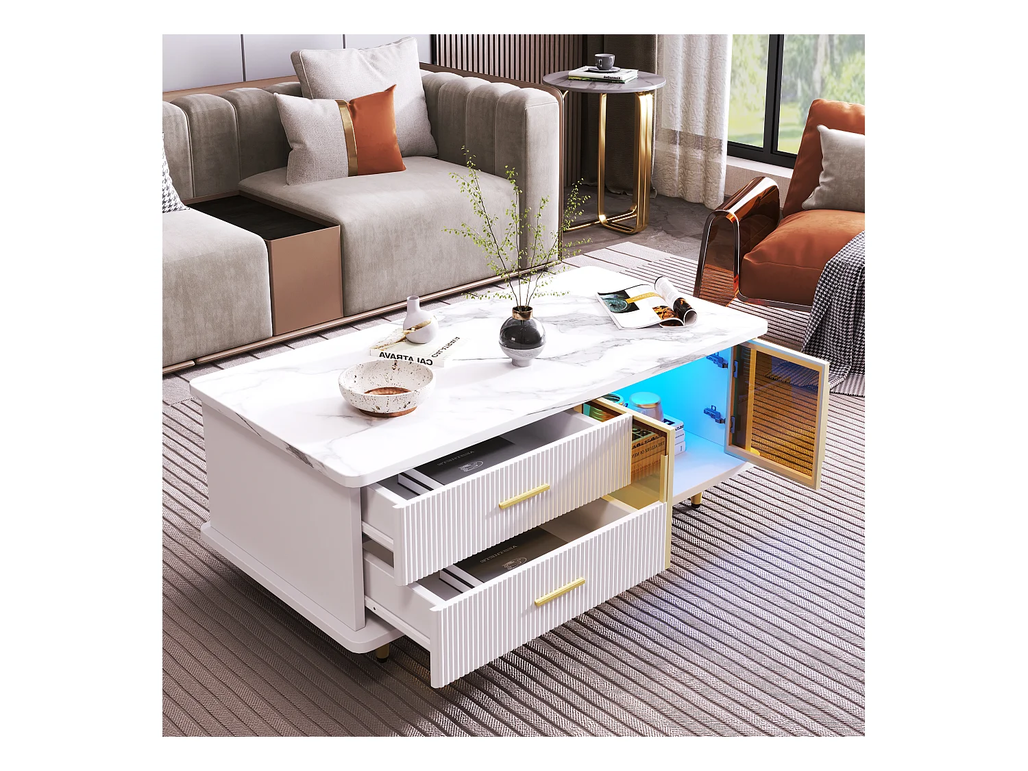 Tavolino con cassetti, struttura in vetro temperato, cassetti con texture ondulata, gambe e maniglie dorate, piano effetto marmo (100x50x40 cm)