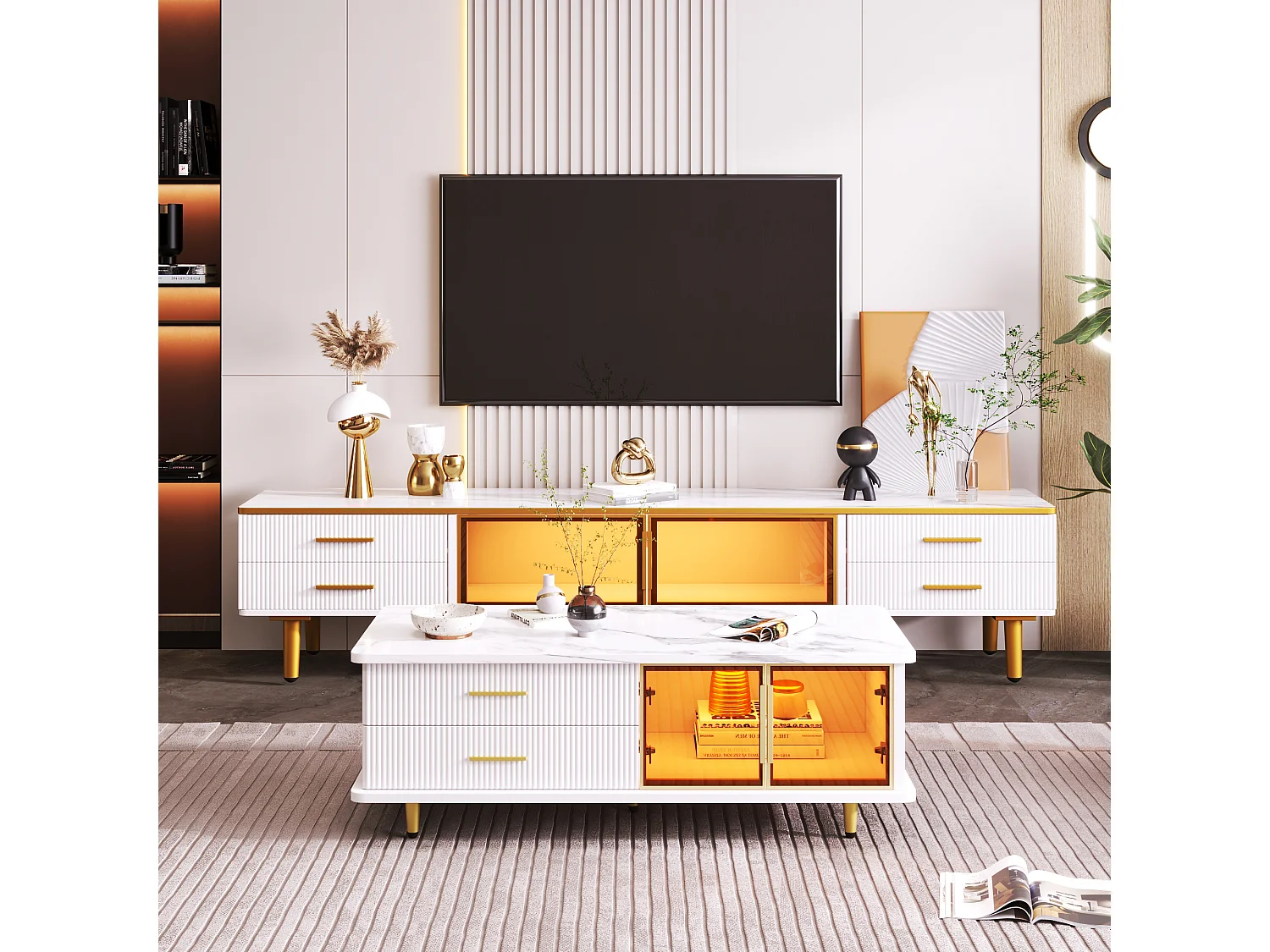 Salontafel met lades, gehard glazen frame, lades met golvende textuur, gouden poten en handgrepen, blad met marmereffect (100x50x40 cm)