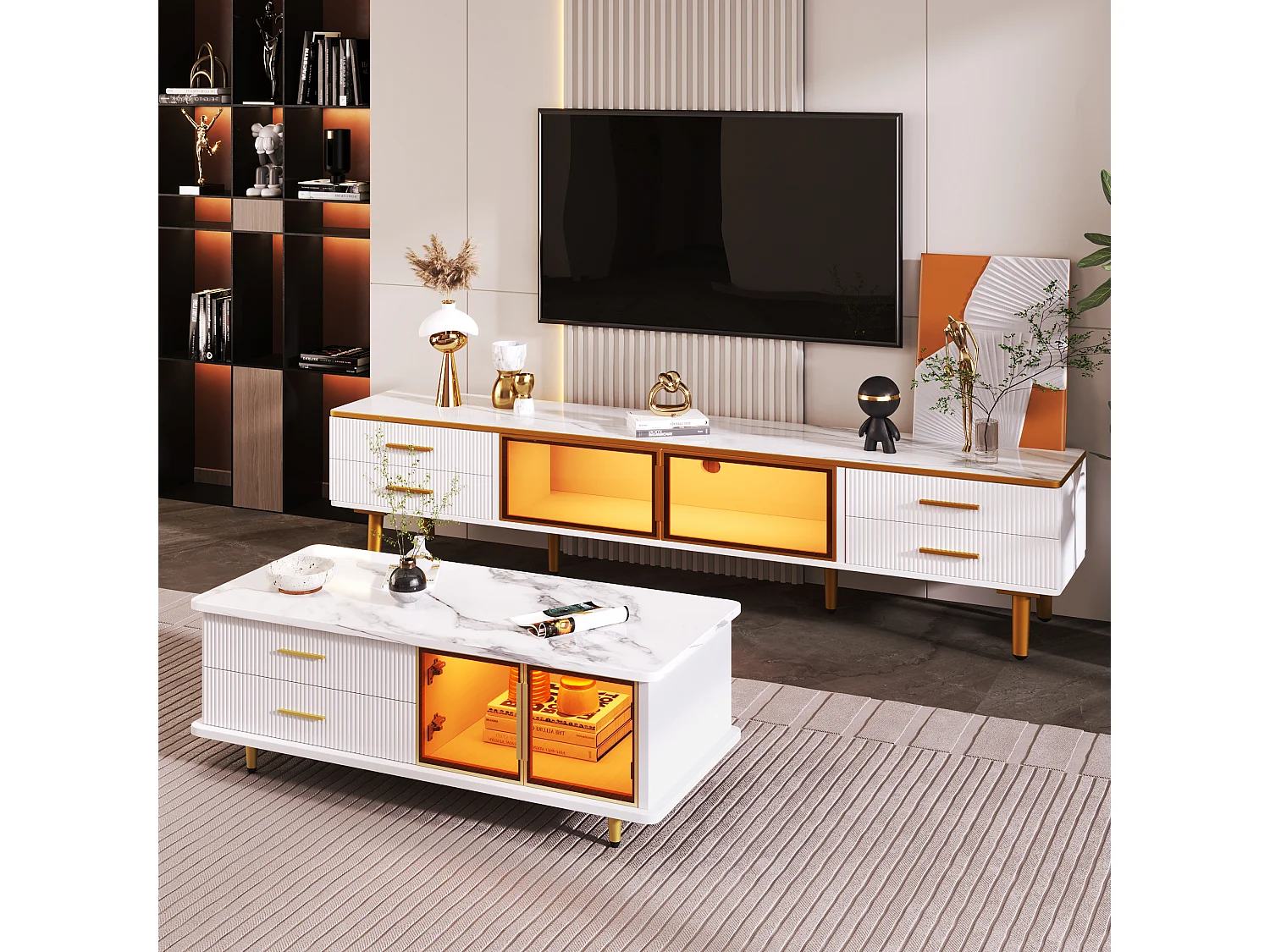 Salontafel met lades, gehard glazen frame, lades met golvende textuur, gouden poten en handgrepen, blad met marmereffect (100x50x40 cm)