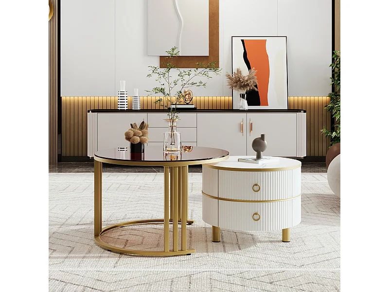 Tavolino rotondo 2 in 1 in MDF con piano in vetro temperato bianco e marrone, 2 cassetti, (70x70x45 + 50x50x40 cm)