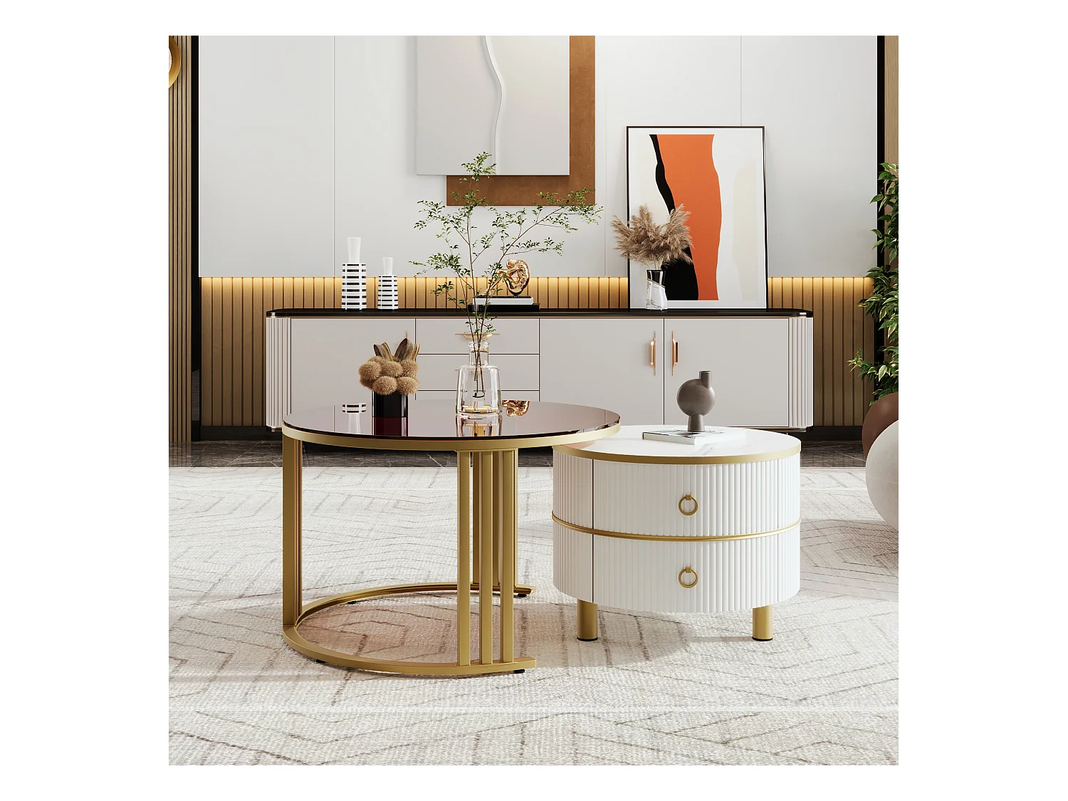 Table basse ronde 2-en-1 en MDF, avec plateau en verre trempé blanc et marron, 2 tiroirs, (70x70x45 + 50x50x40 cm)