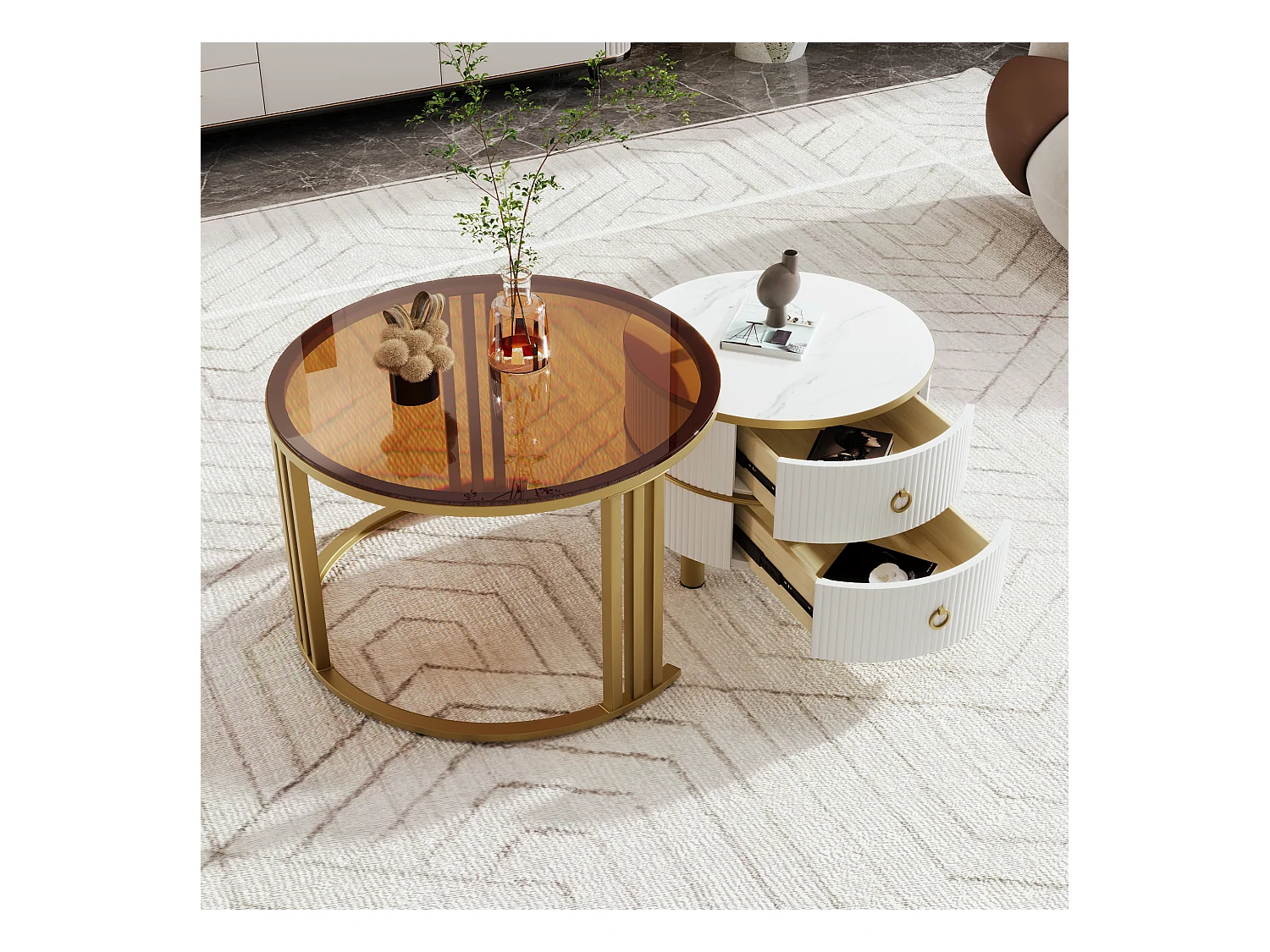 Table basse ronde 2-en-1 en MDF, avec plateau en verre trempé blanc et marron, 2 tiroirs, (70x70x45 + 50x50x40 cm)