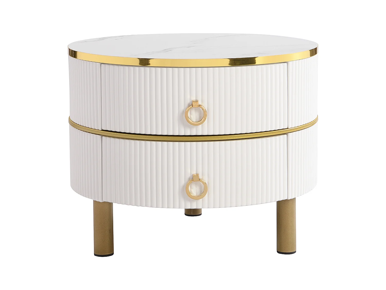 Table basse ronde 2-en-1 en MDF, avec plateau en verre trempé blanc et marron, 2 tiroirs, (70x70x45 + 50x50x40 cm)