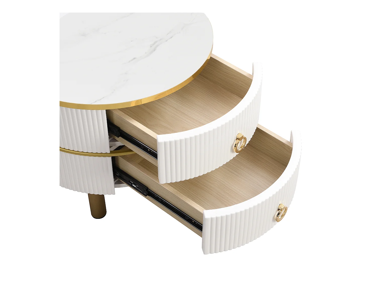 Table basse ronde 2-en-1 en MDF, avec plateau en verre trempé blanc et marron, 2 tiroirs, (70x70x45 + 50x50x40 cm)