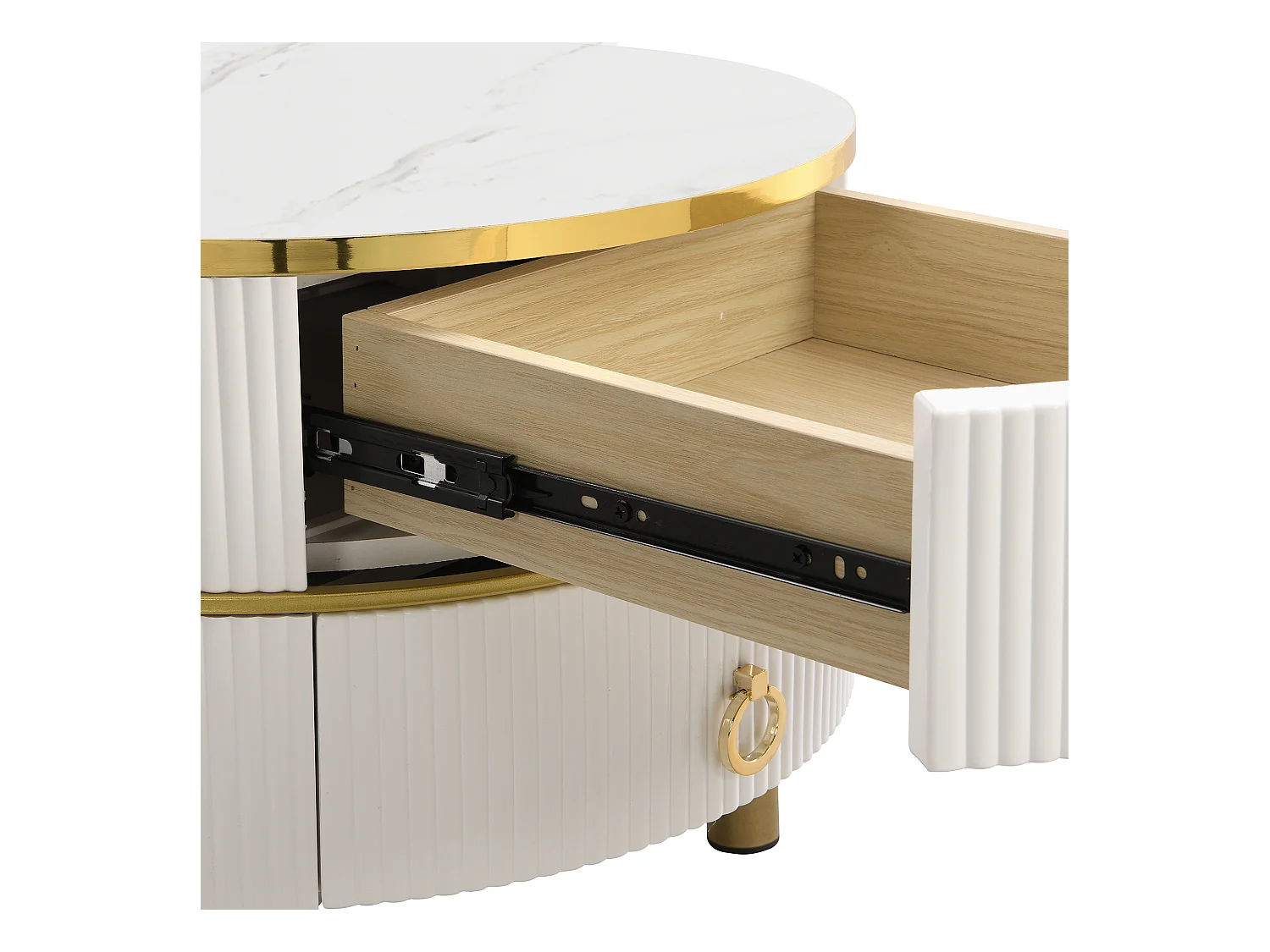 Tavolino rotondo 2 in 1 in MDF con piano in vetro temperato bianco e marrone, 2 cassetti, (70x70x45 + 50x50x40 cm)